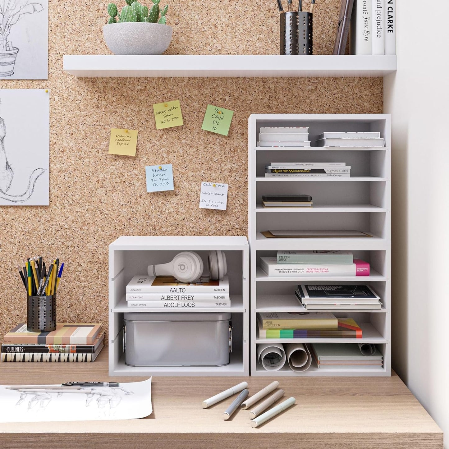 Ballucci 4-Tier Paper Organizer, Desk File Organizer, Stackable Letter Tray, Wood Mail Sorter with Adjustable Storage Shelves, Office Desk Organizer, White