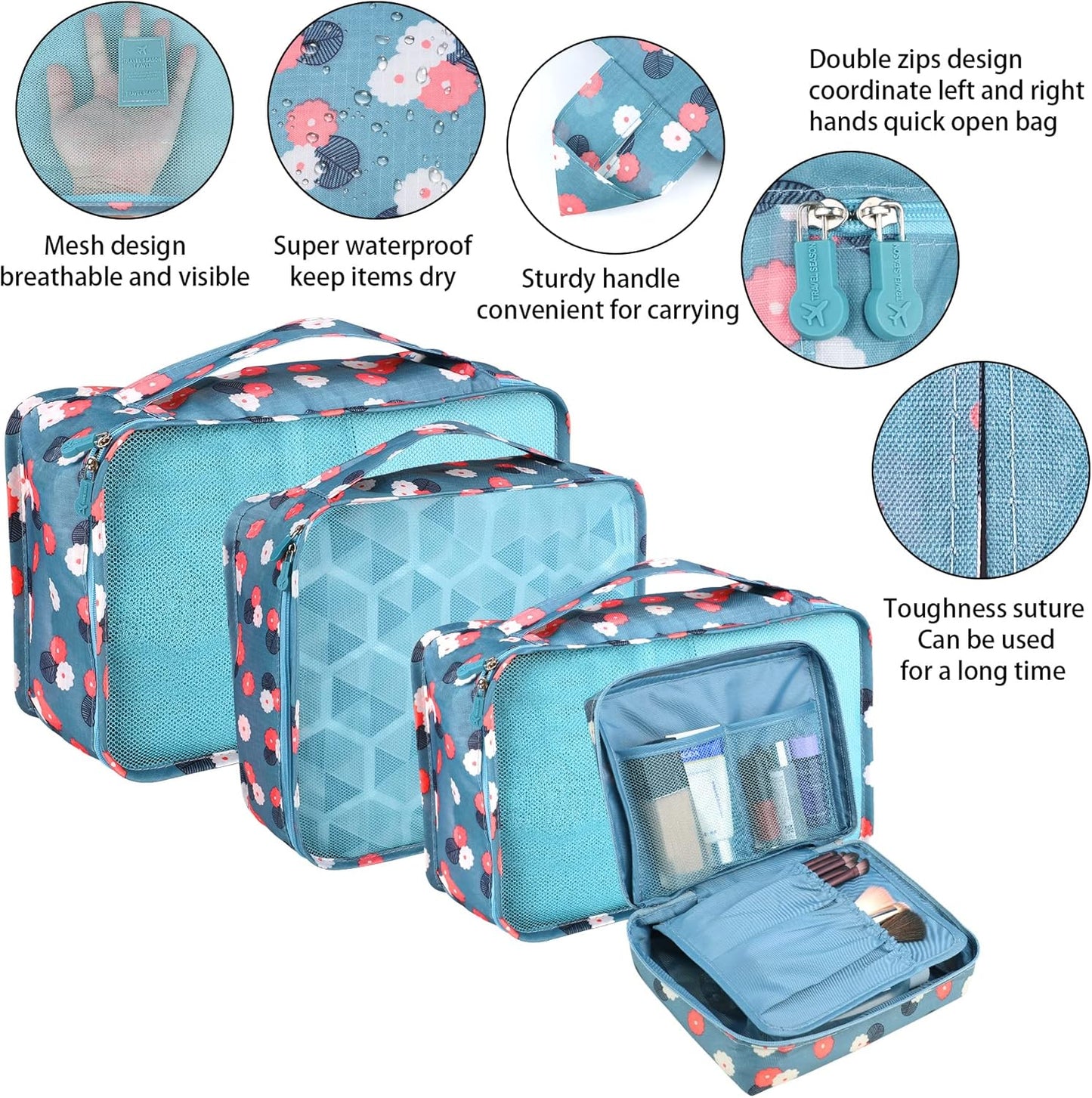 Coolzon Travel Suitcase Organizer Set of 8 Pieces, Perfect Storage Cubes Travel Luggage Organizer for Clothes, Cosmetics, Shoes, Underwear, Blue Flowers