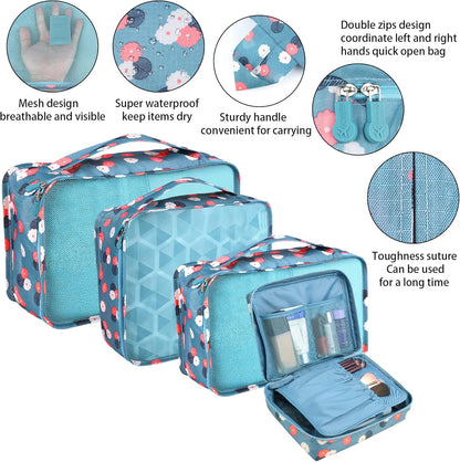 Coolzon Travel Suitcase Organizer Set of 8 Pieces, Perfect Storage Cubes Travel Luggage Organizer for Clothes, Cosmetics, Shoes, Underwear, Blue Flowers