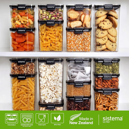 Sistema Ultra Tritan Airtight Pantry Storage Container | 920 ml Square Food Storage Container | Stackable | with Locking Clips | BPA-Free | Clear with Black Accents