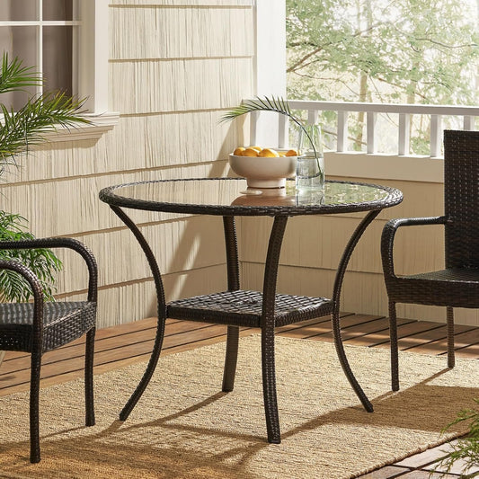 Round Patio Table,Wicker Rattan Table with Glass Tabletop,Outdoor Dining Table with Umbrella Hole for Garden,Balcony,Antique Brown