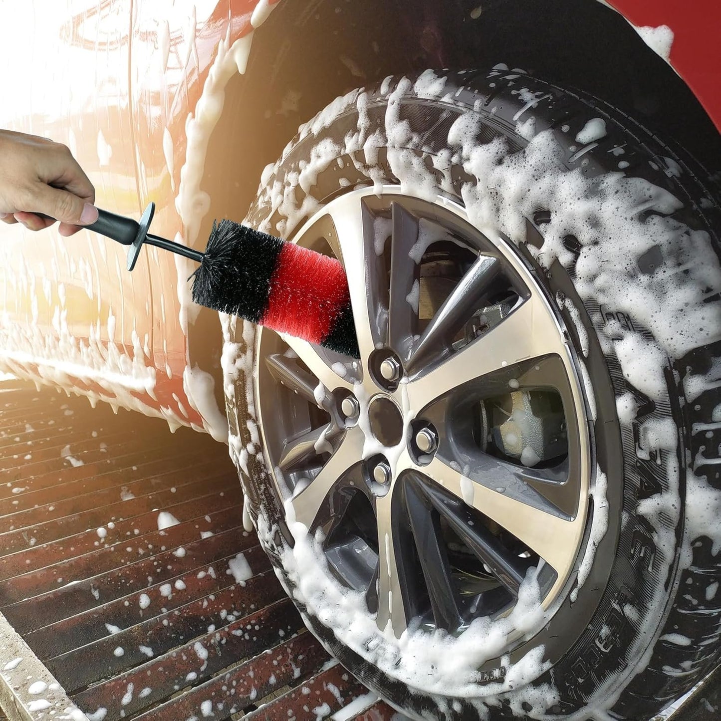TAKAVU Master Wheel Tire Brush, Easy Reach Wheel and Rim Detailing Brush Long Soft Bristle, Car Tire Brush, Wheel Scrub Brush, Multipurpose use for Wheels Rims Exhaust Tips Motorcycles (Red)
