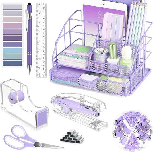 Purple Desk Organizers and Accessories, Purple Office Supplies with Mesh Desk Organizer, Acrylic Tape Dispenser and Stapler, Staples, Ballpoint Pen, Clips Set, Ruler, Scissor, Sticky Labels