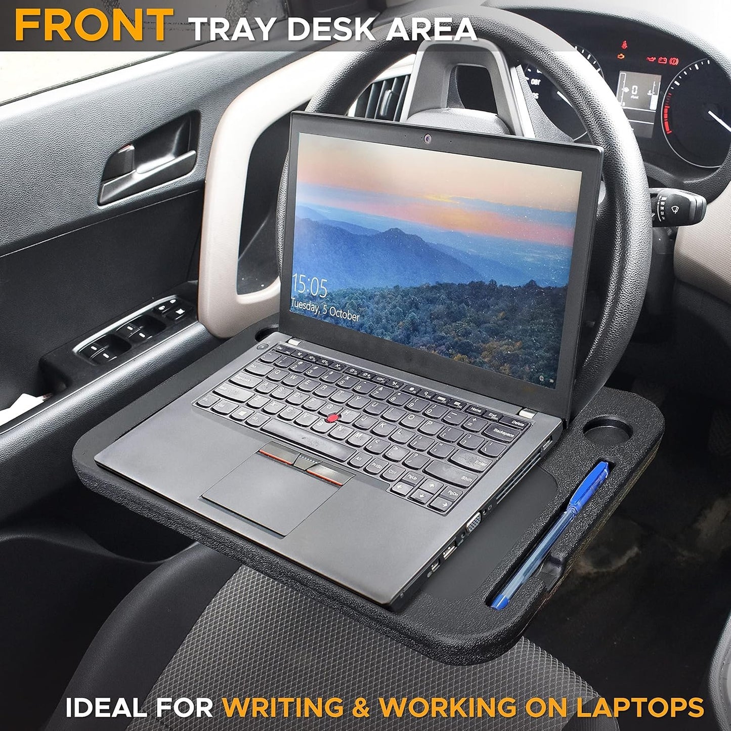 EcoNour 2 in 1 Car Steering Wheel Desk | Steering Wheel Tray for Laptop Car Mount with Pen Holder | Food Tray for Eating with Drinks Holder | Multipurpose Travel Accessories