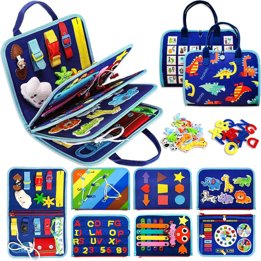 Busy Board Books Toys for Toddlers, 9 in 1 Montessori Busy Book Early Education Learning Travel Toy,Activity Sensory Board Book Preschool Toys for Boys Girls 1 2 3 4 5 Years Old (Blue Dinosaur)