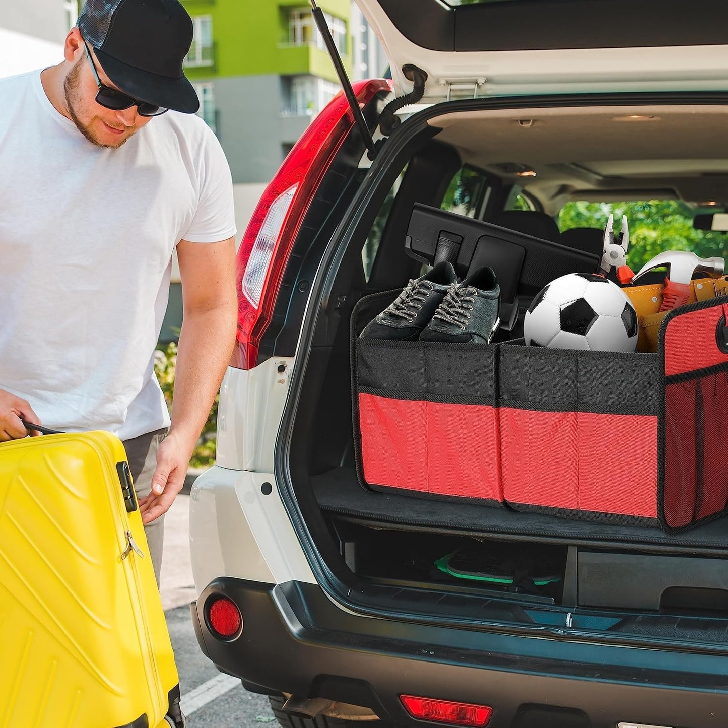 Simple Deluxe Car Trunk Organizer, 2 Compartments Collapsible Trunk Storage, Anti-slip Design, Made of Waterproof 600D Oxford Polyester, Suitable for SUV, Minivan, Truck, Standard Size, Red New