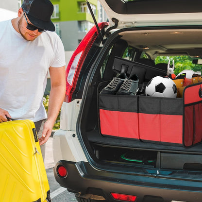 Simple Deluxe Car Trunk Organizer, 2 Compartments Collapsible Trunk Storage, Anti-slip Design, Made of Waterproof 600D Oxford Polyester, Suitable for SUV, Minivan, Truck, Standard Size, Red New