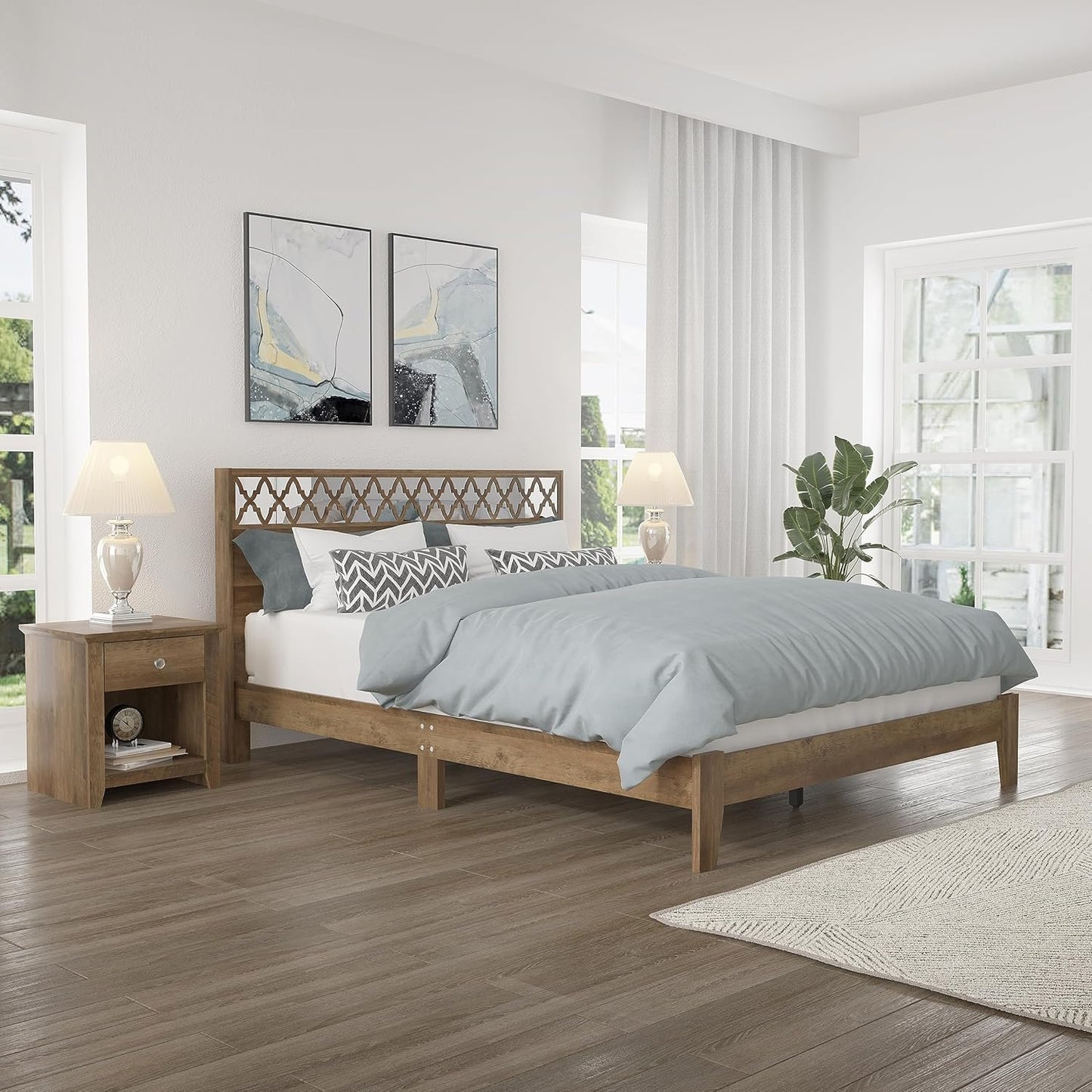 Galano Aideliz Wood Platform Queen Bed Frame with Headboard, Mattress Foundation with Wood Slat Support, No Box Spring Needed, Easy Assembly, Knotty Oak