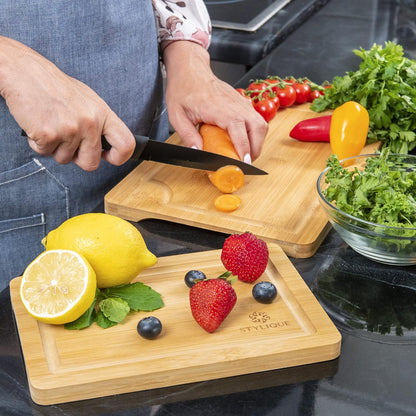 STYLIQUE Wooden Chopping Board Set of 3 with Cutting Board Organiser, Meal Prep Wooden Cutting Boards, Large Chopping Board and Serving Tray, Cheese Board, Kitchen Tools gadgets, Bamboo Chopping Board