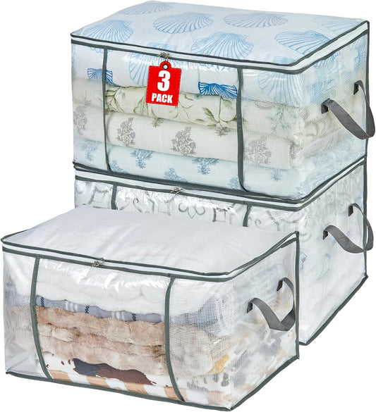 80L Clear Large Storage Bag, Clothes Storage Containers for Organizing Closet, Bedroom, Underbed, Comforters, Clothing, Blankets, Pillow, Foldable Organizer with Sturdy Handle and Zippers (3)