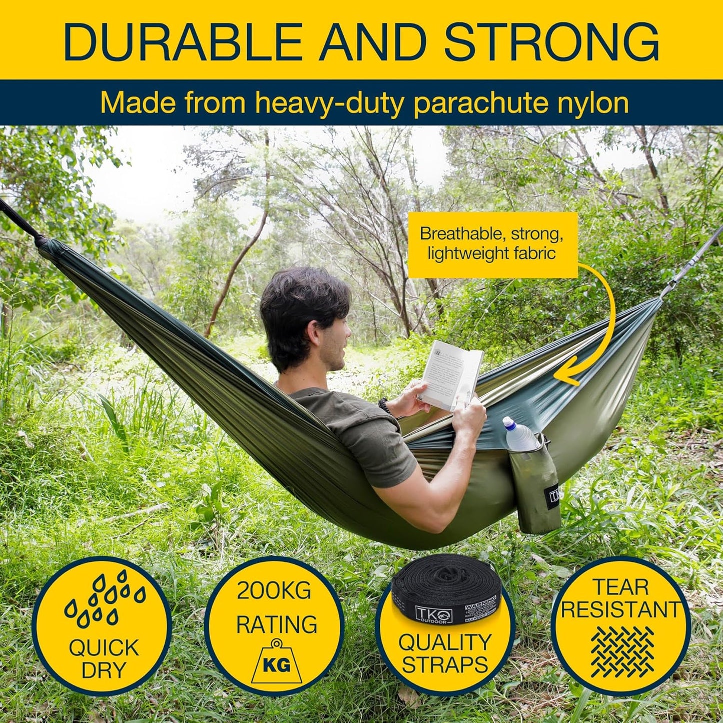 TKO Outdoor Double Camping Hammock - Portable Hammocks with Hanging Ropes | Lightweight Parachute Tree Hammock Tent for Backpacking, Travel, Beach, Backyard, Hiking, Indoor | Camping Gear Accessories