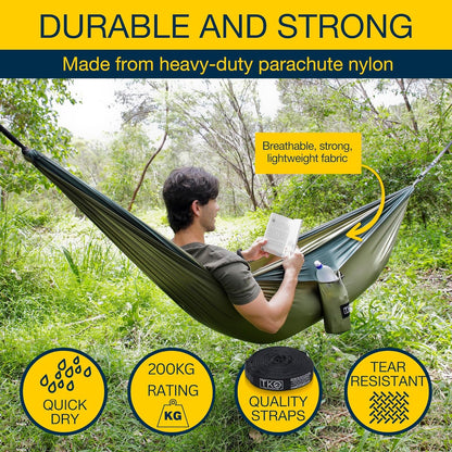 TKO Outdoor Double Camping Hammock - Portable Hammocks with Hanging Ropes | Lightweight Parachute Tree Hammock Tent for Backpacking, Travel, Beach, Backyard, Hiking, Indoor | Camping Gear Accessories