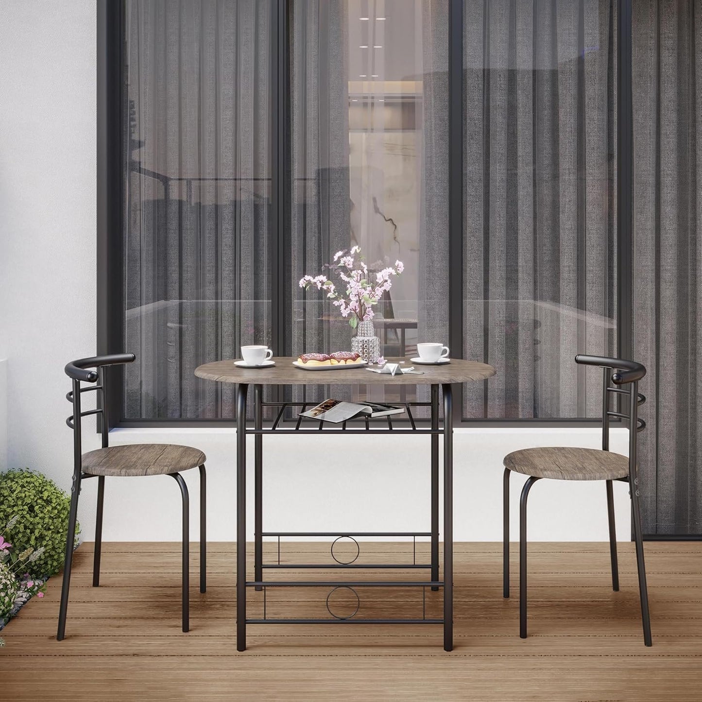 Yaheetech 3-Piece Dining Table Set, Kitchen Table & Chair Sets for 2, Compact Table Set w/Steel Legs, Built-in Wine Rack for Breakfast Nook, Small Space, Apartment, Drift Brown