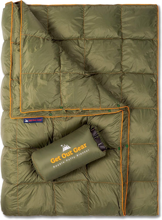 Get Out Gear Double Puffy Camping Blanket - Extra Puffy, Packable, Lightweight and Warm | Ideal for Outdoors, Travel, Stadium, Festivals, Beach, Hammock | Water-Resistant Camp Quilt (Olive/Orange)