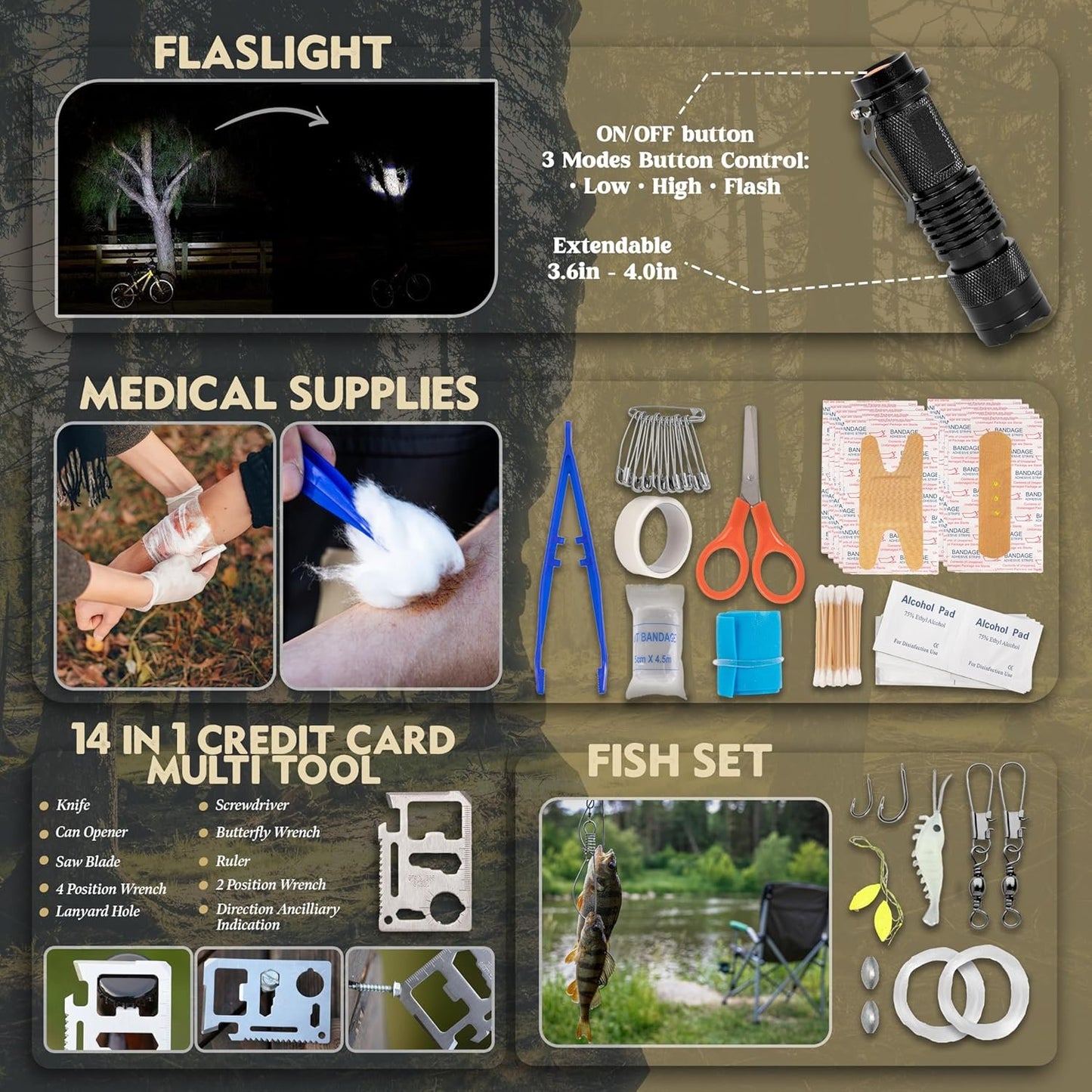 NATUREVERVE Survival Kit and First Aid Kit,142pcs Camping Gear and Survival Tools, Emergency First Aid Supplies with Molle Compatible Multi Tool Emergency Blanket, Axe Shovel, Gifts for Men and Women