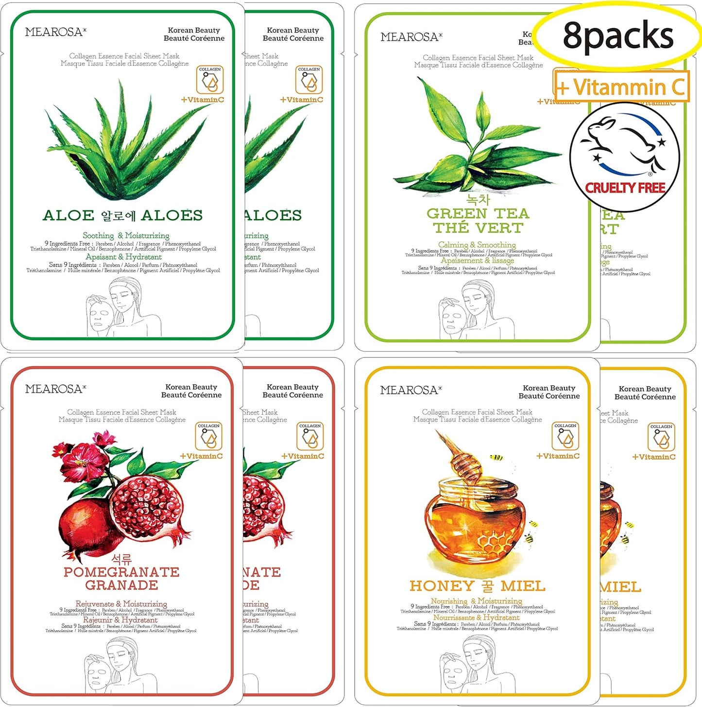 MEAROSA Facial Sheet Mask Korean SkinCare premium Quality Vitamin C Collagen Essence Sensitive skin(8 Sheet Variety pack)