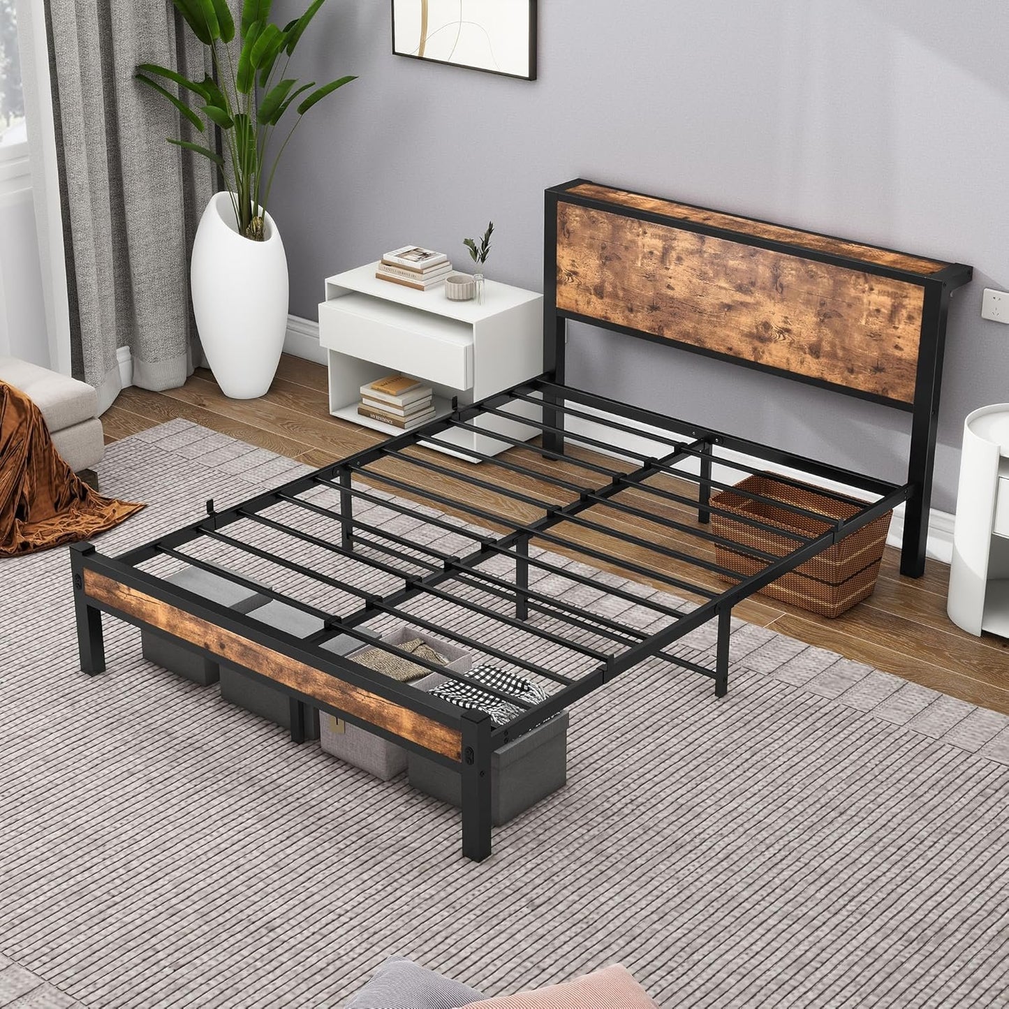 DUMEE Full Bed Frame with Wood Storage Headboard, Metal Platform Bed Frame Full, No Box Spring Needed, Noise Free, Reinforced Strong Support Leg, Textured Black&Brown Oak