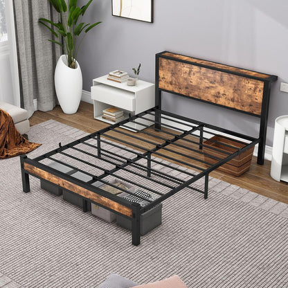 DUMEE Full Bed Frame with Wood Storage Headboard, Metal Platform Bed Frame Full, No Box Spring Needed, Noise Free, Reinforced Strong Support Leg, Textured Black&Brown Oak