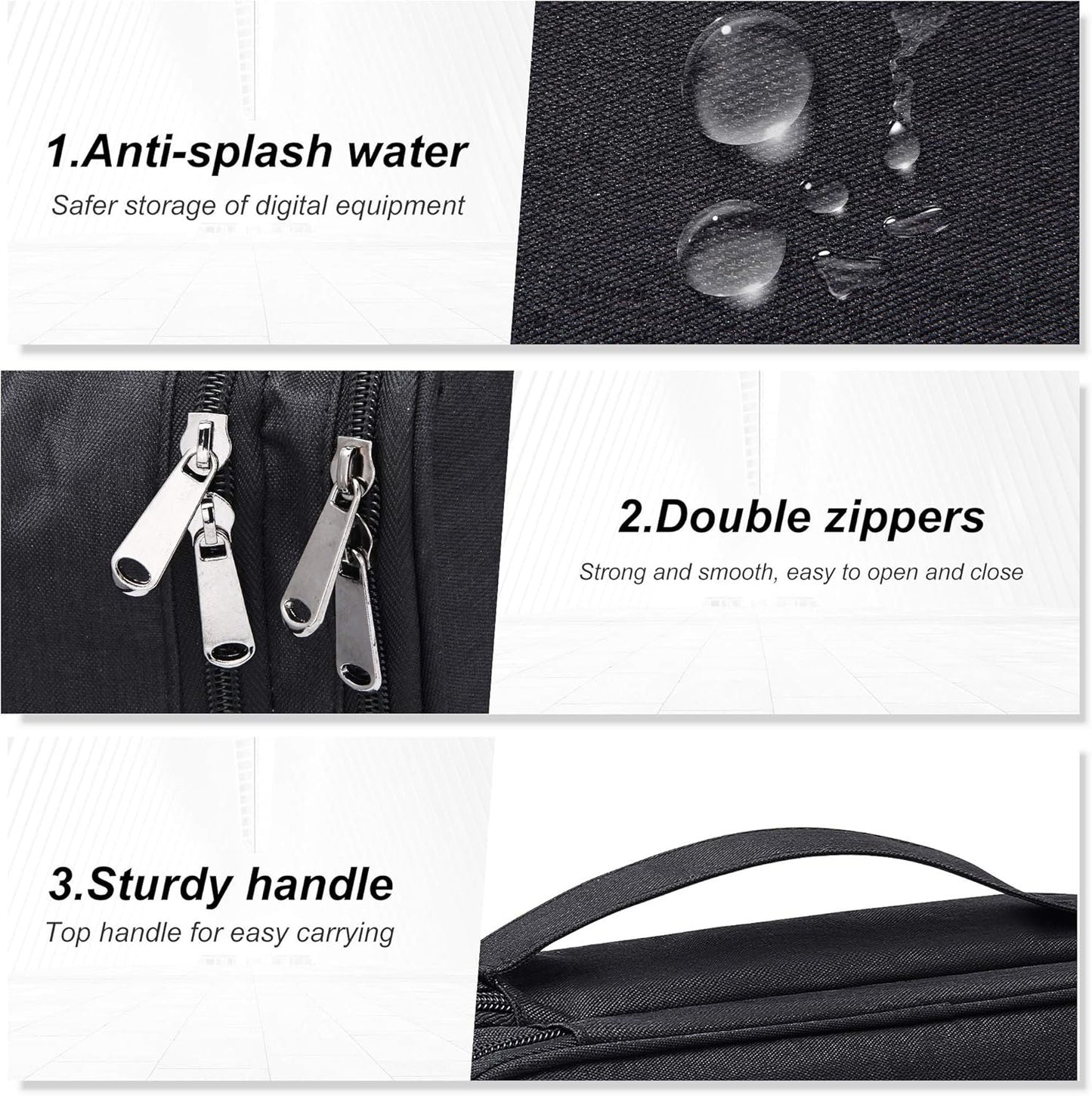 Electronic Bag Travel Cable Accessories Bag Waterproof Double Layer Electronics Organizer Portable Storage Case for Cable, Cord, Charger, Phone, Adapter, Power Bank, Kindle, Hard Drives (Black)