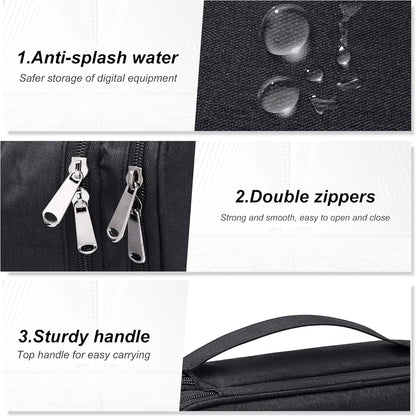 Electronic Bag Travel Cable Accessories Bag Waterproof Double Layer Electronics Organizer Portable Storage Case for Cable, Cord, Charger, Phone, Adapter, Power Bank, Kindle, Hard Drives (Black)