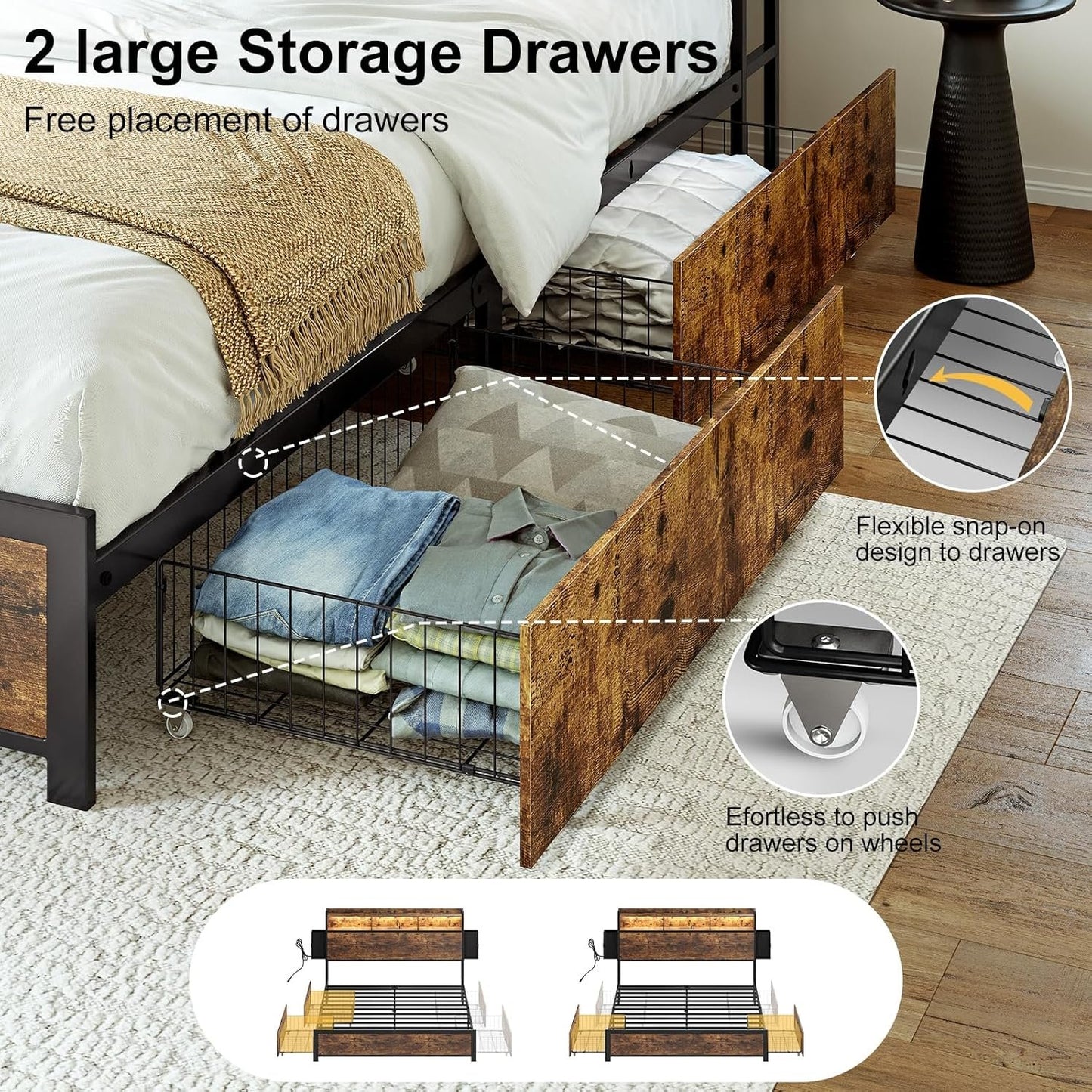 HAUSOURCE Queen Bed Frame with 2-Tier Storage Headboard and 2 Drawers LED Lights Bed Frame Queen Size Metal Platform Non-Slip Without Noise No Box Spring Needed Brown