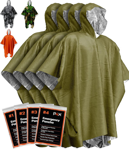 PREPARED4X Emergency Rain Poncho with Mylar Blanket Liner - Survival Blankets for Car - Heavy Duty, Waterproof Camping Gear, Tactical Prepper Supplies–