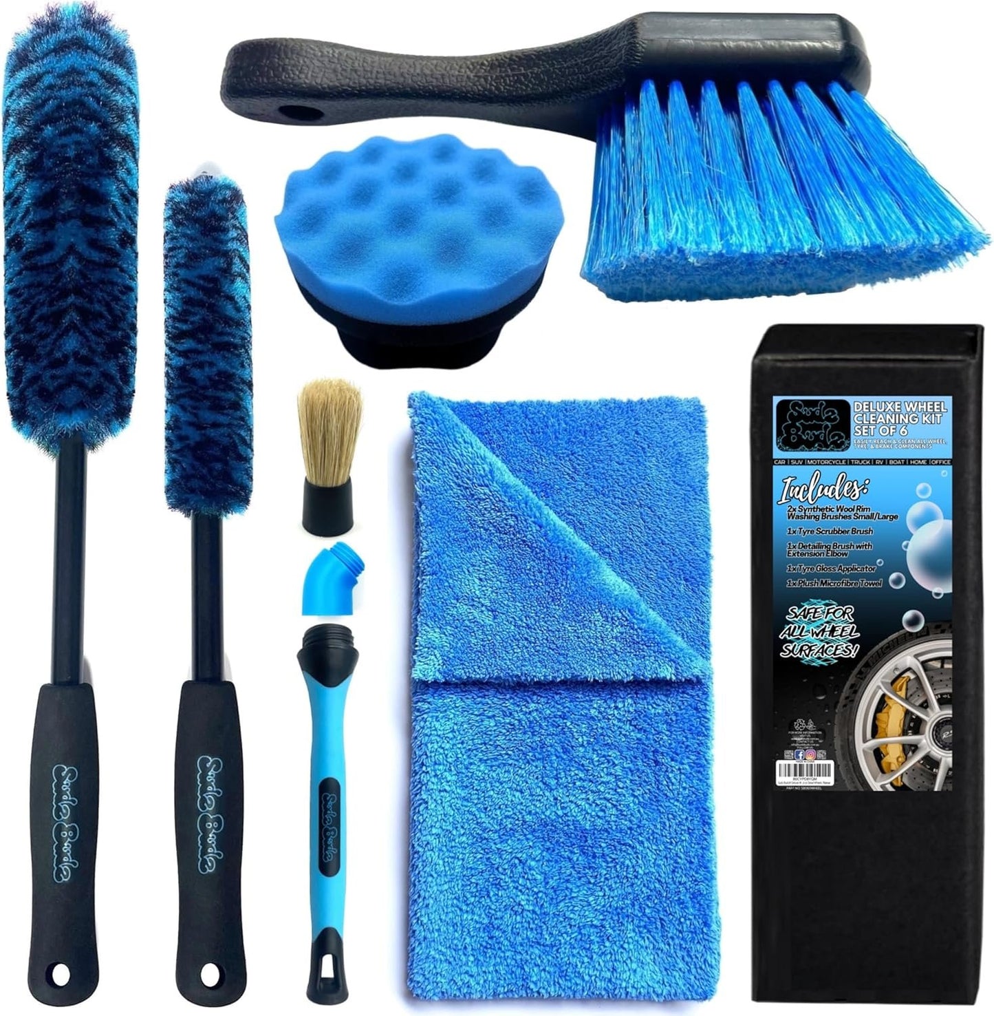 Sudz BudzÂ® Deluxe Wheel Cleaning Set of 6 | No-Scratch, Bendable, Rim Washing Brushes Long/Short, Car Detailing and Tyre Brush, Shine Applicator, Plush Drying Towel. Easy Reach Kit to Detail Wheels
