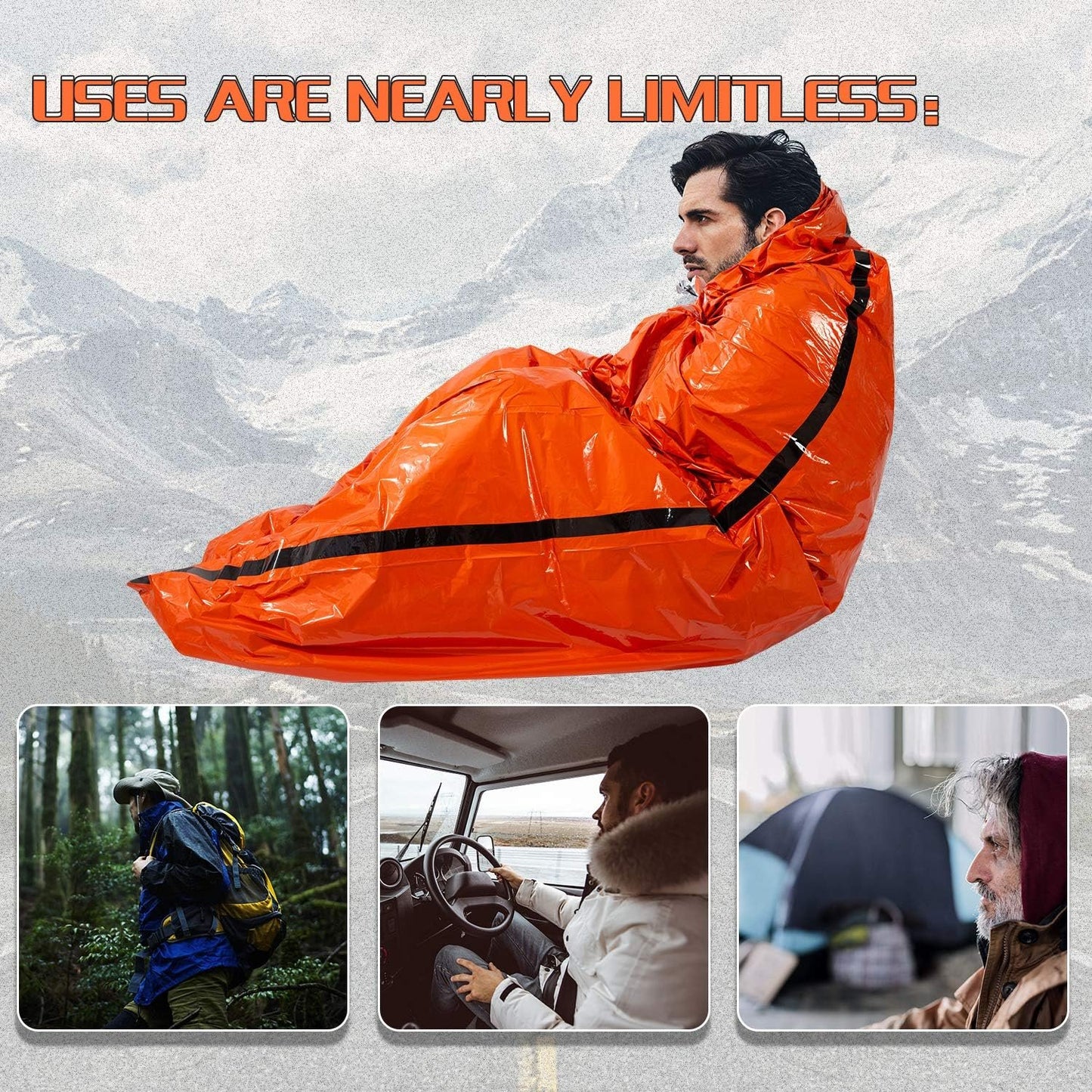 Mezonn PE Emergency Sleeping Bag Survival Bivy Sack- Use as Emergency Space Blanket, Lightweight Sleeping Bag, Survival Gear for Outdoor, Hiking, Camping - Includes Nylon Sack with Carabiner