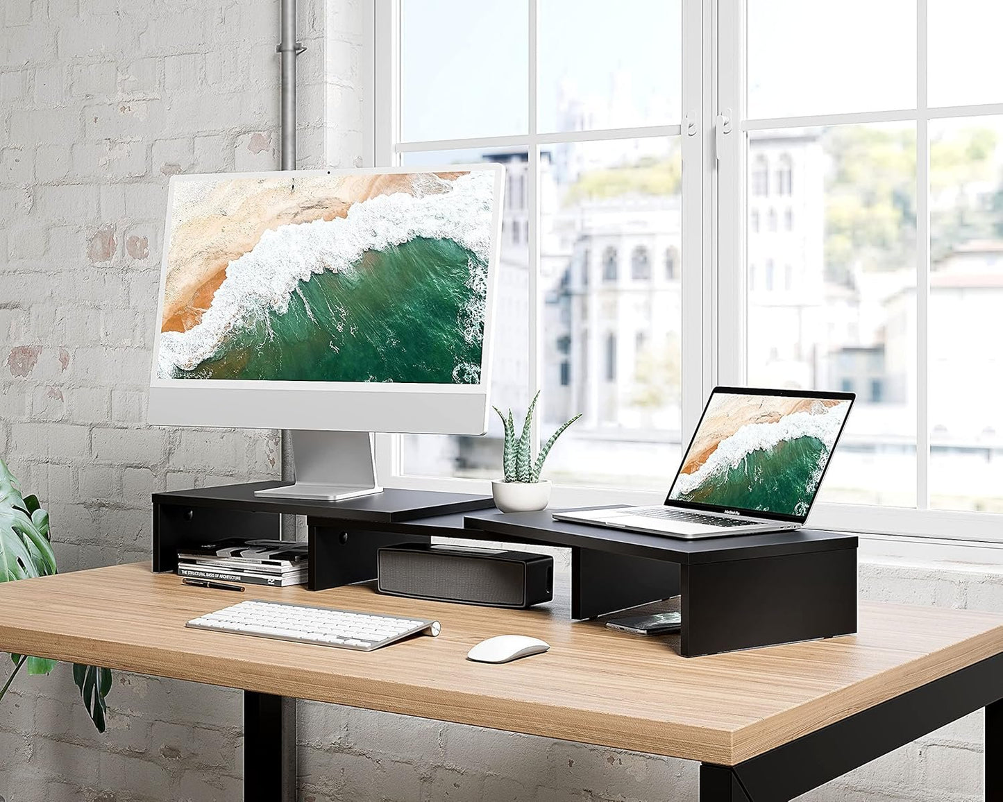 FITUEYES Dual Monitor Stand - 3 Shelf Computer Monitor Riser, Wood Desktop Stand with Adjustable Length and Angle, Desk Accessories, Office Supplies Medium Black,DT108001WB