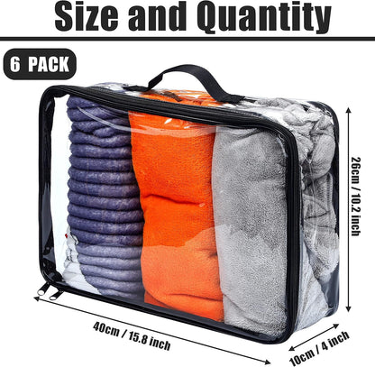 6 Pieces Large Clear Travel Packing Cube Clear Vinyl Zippered Storage Bags See Through Moving Bag PVC Multipurpose Pouch with Handle for Suitcase Shirts Dress Storage (Black, 15.8 x 10.2 x 3.9 Inch)