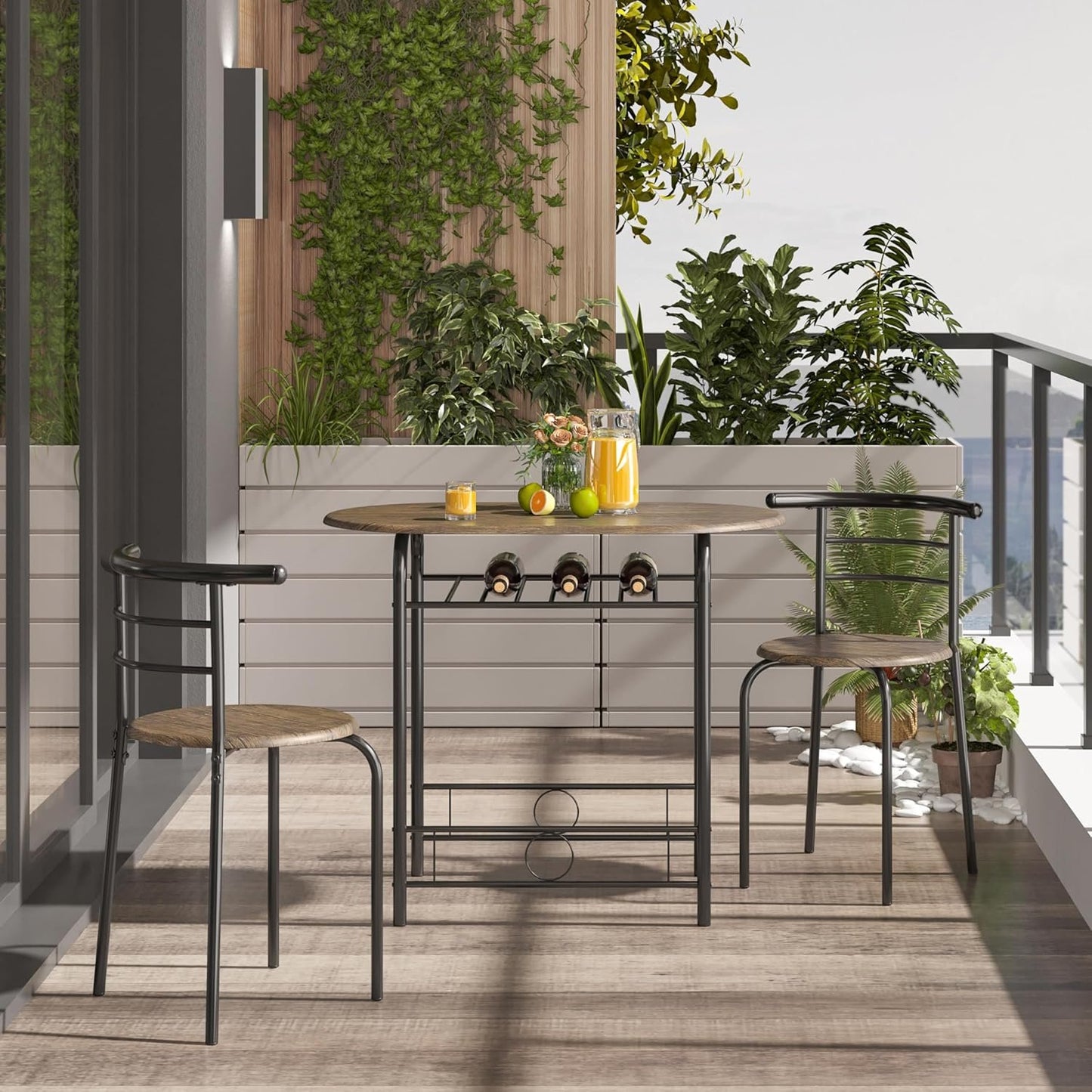Yaheetech 3-Piece Dining Table Set, Kitchen Table & Chair Sets for 2, Compact Table Set w/Steel Legs, Built-in Wine Rack for Breakfast Nook, Small Space, Apartment, Drift Brown