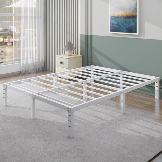 14 Inch Metal Platform Bed Frame No Box Spring Needed Heavy Duty Steel Slat Bed Frame Underbed Storage,White (Full)