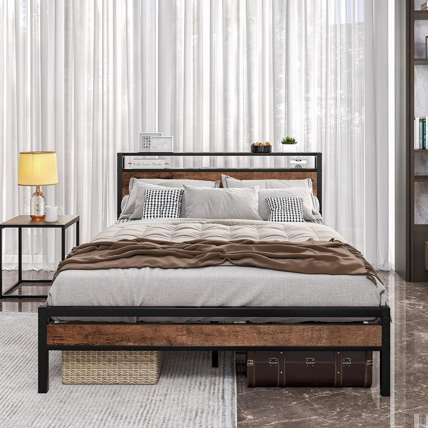 FOUBAM Queen Bed Frame with Storage Headboard,Metal Platform Bed Frame Queen Size Mattress Base No Box Spring Needed,Heavy Duty Metal Slats,Under Bed Storage,Noise-Free,Brown