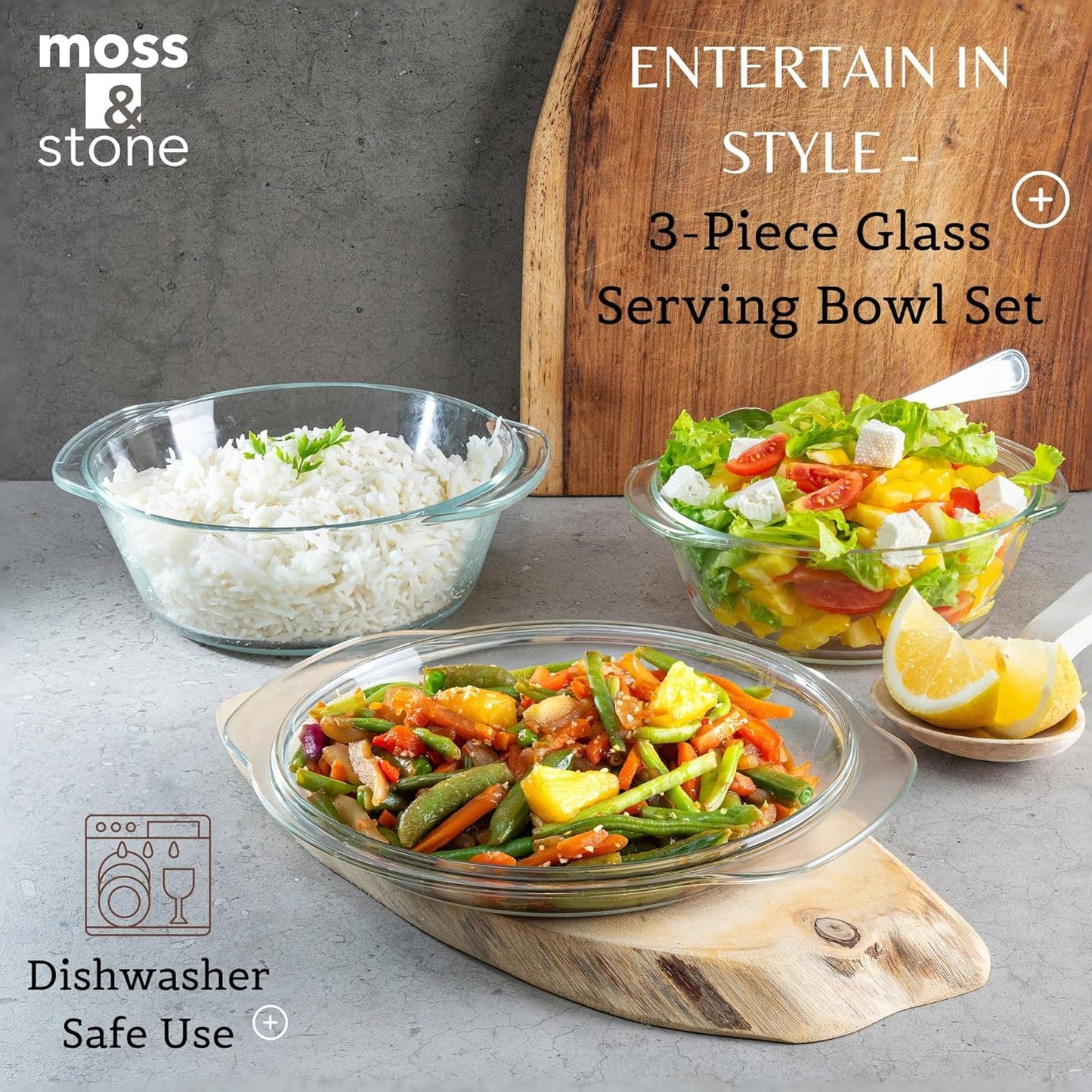 Moss & Stone Basics 3-Piece Glass Casserole With Covered, Borosilicate Glass Durable Bakeware Set, Glass Bowls Bakeware Dish Oven Safe & Microwave Safe, Clear Glass Baking Dish, 3 Round Casserole Dish With Lid