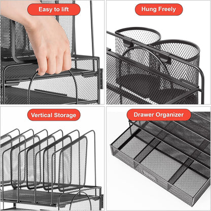 Marbrasse Mesh Desk Organizer, Office Desk Organizers and Accessories, Desktop File Organizer with Drawer and 2 Pen Holders, Desk Storage for Office, School, Home