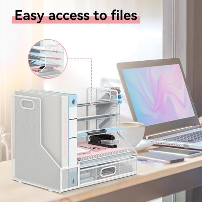 SUPEASY Desk Organizer with File Holder, 5-Tier Mesh Paper Letter Tray and 3 Tilted File Sorter for Office Supplies, White