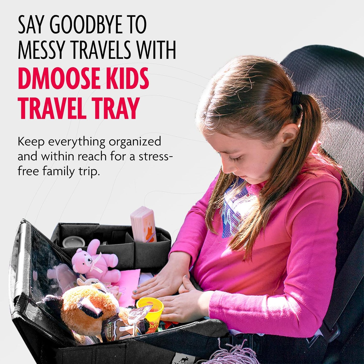 DMoose Travel Lap Activity Tray for Kids and Toddlers, Padded Comfort Base, Side Walls, Mesh Snack Pockets, Tablet Holder, Waterproof Car Seat, Stroller, Airplane Play and Learn Area (Black (New))