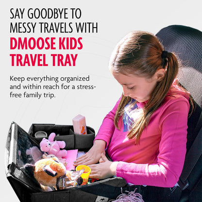 DMoose Travel Lap Activity Tray for Kids and Toddlers, Padded Comfort Base, Side Walls, Mesh Snack Pockets, Tablet Holder, Waterproof Car Seat, Stroller, Airplane Play and Learn Area (Black (New))