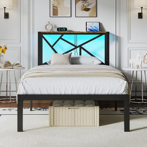 ChicZhiNest Twin Size Black Metal Bed Frame with USB Charging Station, LED Ambient Lighting, and Wooden Storage Headboard - Includes Under-Bed Storage, No Box Spring Needed, Noise Free, Easy Assembly