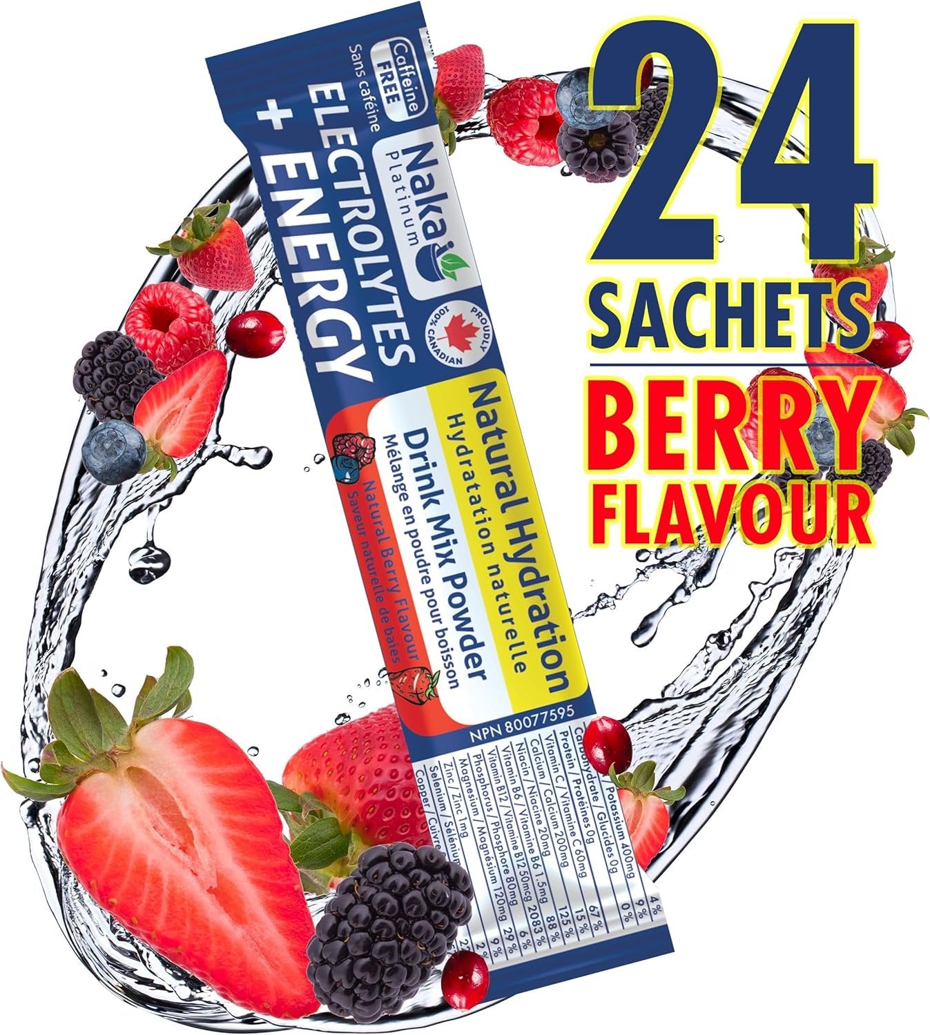 Naka Electrolytes + Energy, Natural Hydration Drink Mix powder, Berry Flavour, Caffeine Free, Botanical Boost with Beetroot, Hawthorn Berry and Ginseng, Made in Canada (24 sachets)