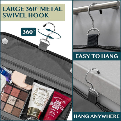 PAVILIA Hanging Toiletry Bag Women Men, Foldable Cosmetic Organizer Travel Bag, Water Resistant Makeup Bag Toiletries, Large Travel Essentials Kit, Black, Large