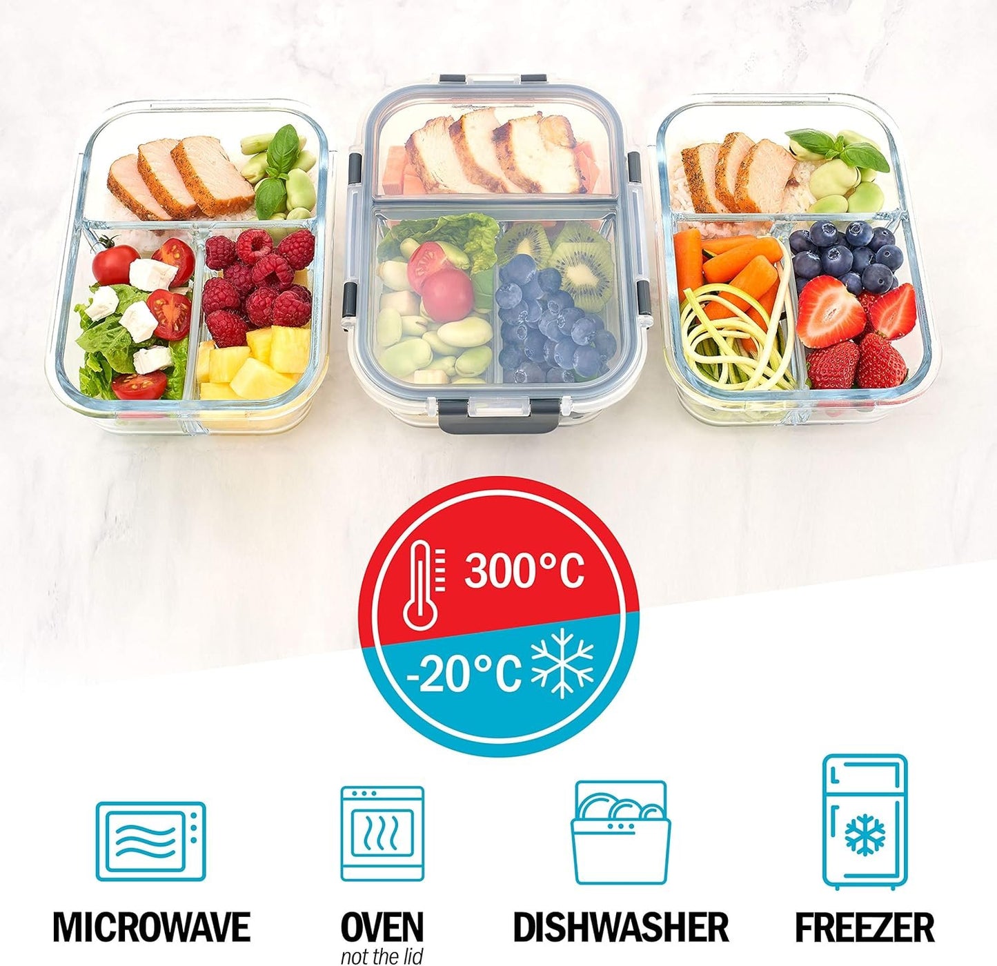 Igluu Meal Prep Glass 3 Compartment Container with Airtight SnapLock Lids - Portion Control Food Storage - BPA Free - Microwavable, Dishwasher and Oven Safe [3 Pack]