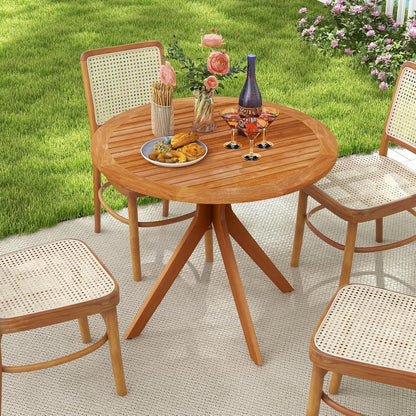 DORTALA Patio Wood Round Dining Table, 35.5" Eucalyptus Wood Table for 4-Person with Slatted Tabletop & Curved Legs for Backyard, Garden, Poolside