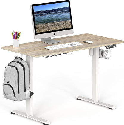 SHW 48-Inch Electric Height Adjustable Sit to Stand Desk with Hanging Hooks and Cable Management, 122 x 60 cm, Maple
