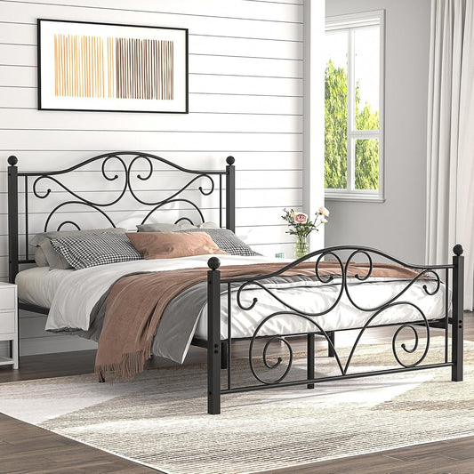 VECELO Queen Size Metal Bed Frame with Headboard and Footboard, Iron Mattress Foundation No Box Spring Needed, Heavy Duty/Easy Set Up, Black