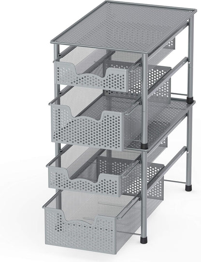 SimpleHouseware Stackable 2 Tier Sliding Basket Organizer Drawer, Silver