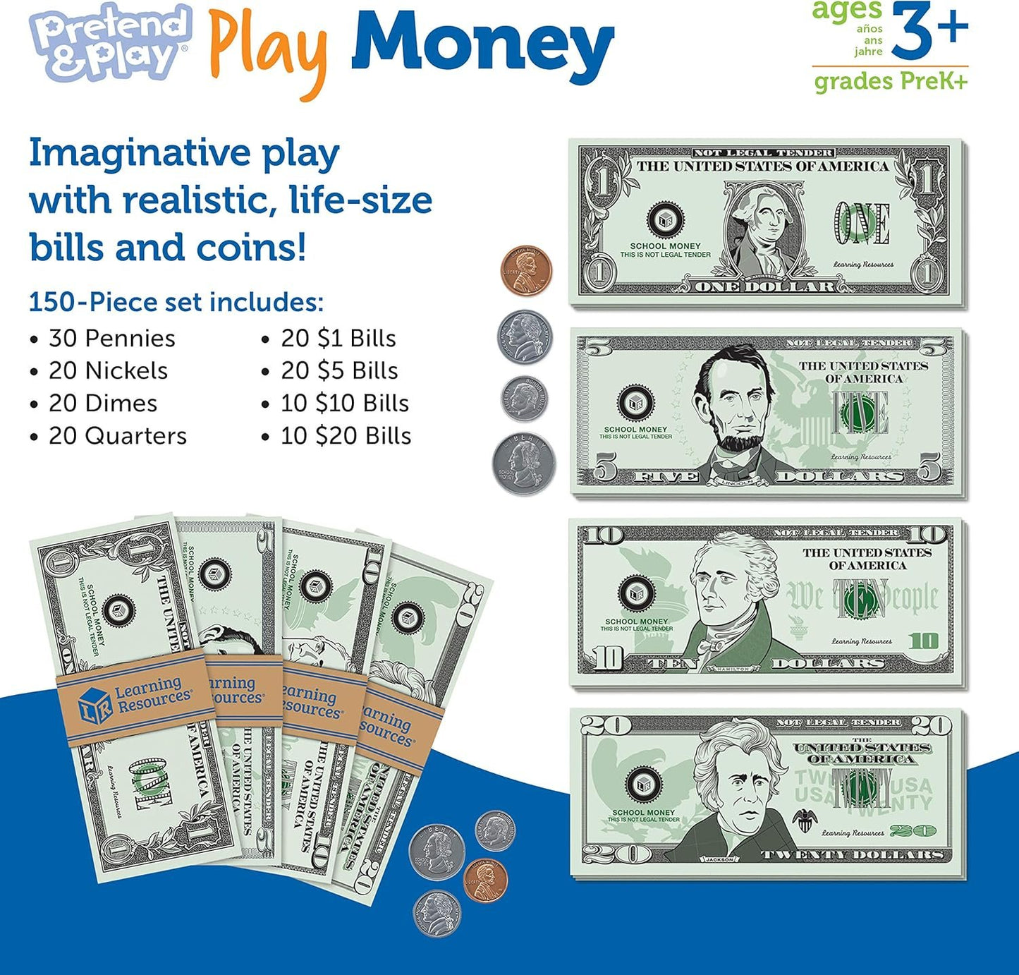 Learning Resources Pretend Play Money - 150 Pieces, Ages 3+ Play Money for Kids, Pretend Money for Kids, Play Money Set, Money and Banking Play Toys, Toddler Learning Toys