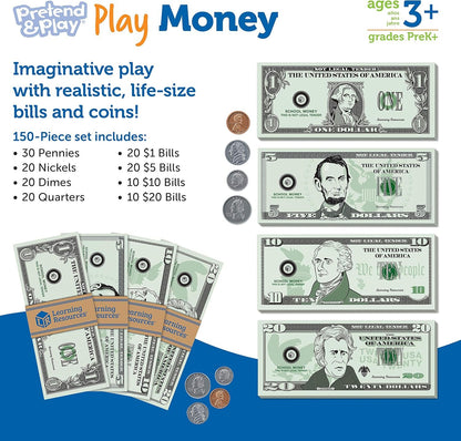 Learning Resources Pretend Play Money - 150 Pieces, Ages 3+ Play Money for Kids, Pretend Money for Kids, Play Money Set, Money and Banking Play Toys, Toddler Learning Toys