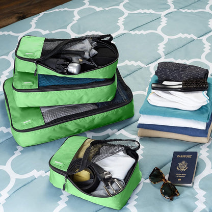 Amazon Basics ZH1509009 Set of 4 Hinged Organizers Cubes, Green, Small, Medium, Large, Slim, green, Set of 4 packing cubes: small, medium, large and thin