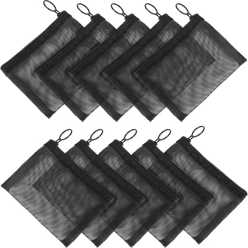 Sibba Mini Zipper Toiletry Bag Mesh Pouch10 Packs Nylon Waterproof Small Purse Cosmetic Stationery Case Storage Makeup Bags Offices Travel Organizer Accessories Kit Black